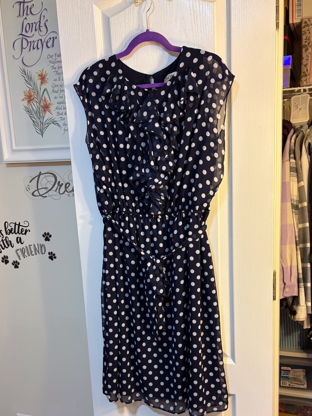Soho Apparel Navy and White Polka Dot Ruffle Tie Dress